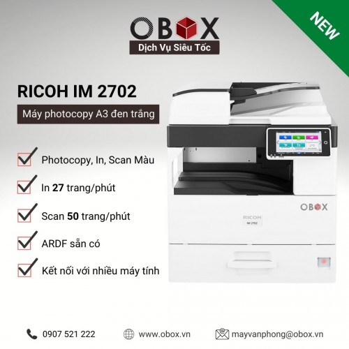 Máy photocopy, in đa năng đen trắng A3 Ricoh IM 2702, Copy - In - Scan màu 50 ipm với ARDF